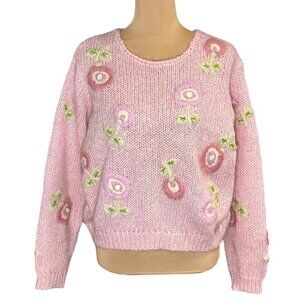 VTG Mohair Sweater Sz.M Pink Embroidered Coquette Cottage Flower Made In Japan